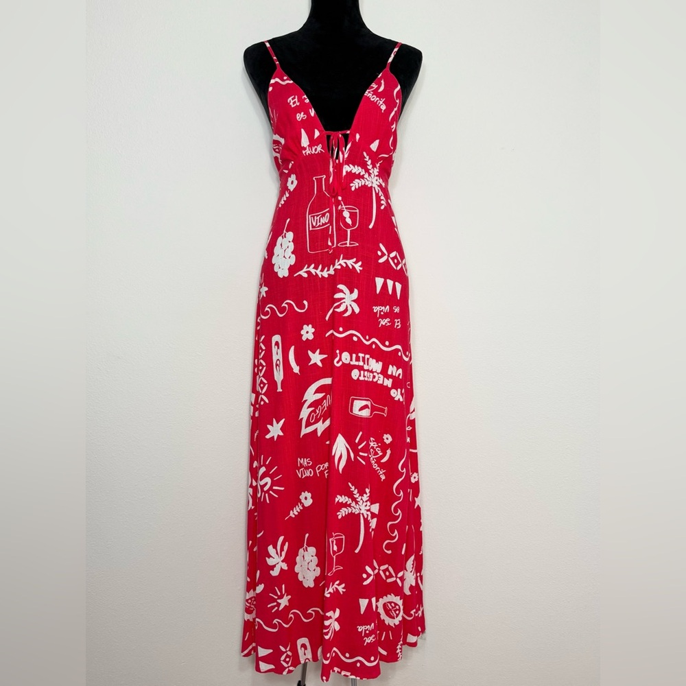 Anthropologie Paper Heart Linen Tie Back Open Back Backless Red Shift Dress, S